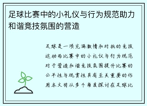 足球比赛中的小礼仪与行为规范助力和谐竞技氛围的营造