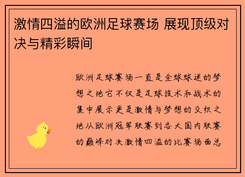 激情四溢的欧洲足球赛场 展现顶级对决与精彩瞬间