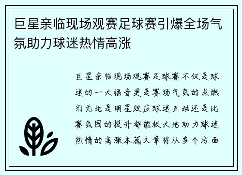 巨星亲临现场观赛足球赛引爆全场气氛助力球迷热情高涨