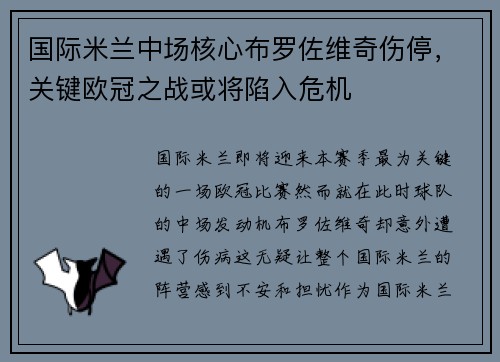国际米兰中场核心布罗佐维奇伤停，关键欧冠之战或将陷入危机